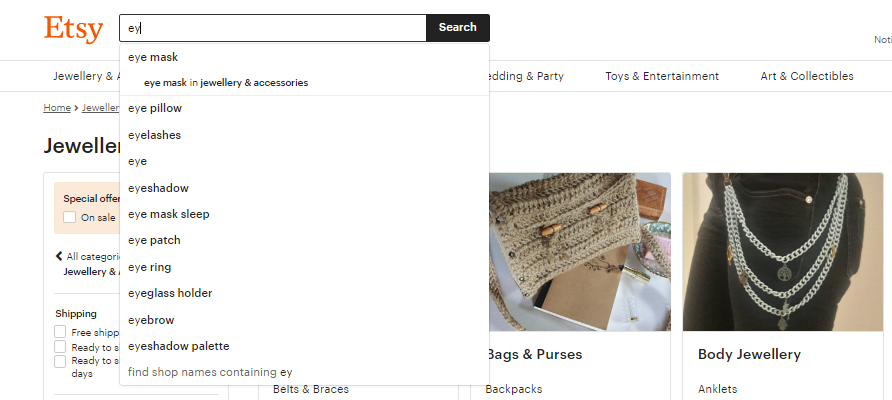 Search and filters on etsy